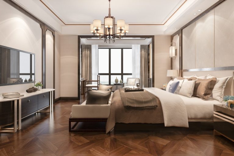 Architectural 2D schematic of a luxury primary suite floor plan featuring an integrated spa wet room, walk-in dressing lounge, and private sleeping chamber.