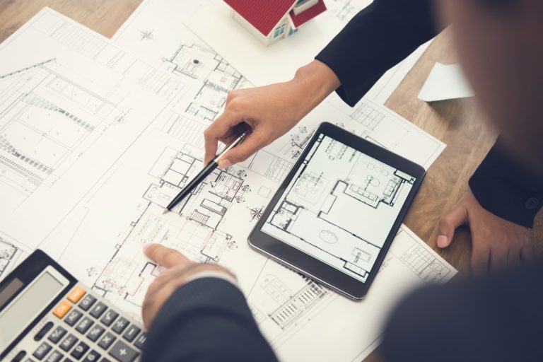 Architectural blueprint and project schedule map outlining a custom home building timeline in the Bay Area from pre-construction to move-in.