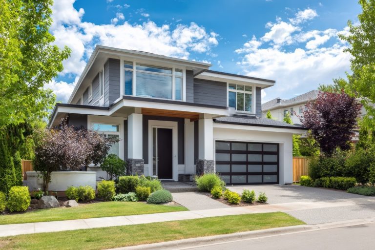 Homeowner and architect reviewing a fixed price construction contract alongside luxury home architectural blueprints.