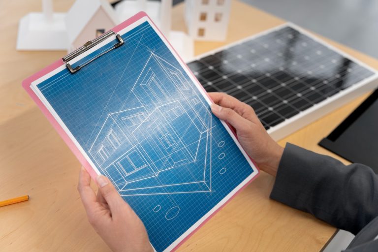 Architectural blueprint by passive solar design architects mapping solar declination and true south building orientation.