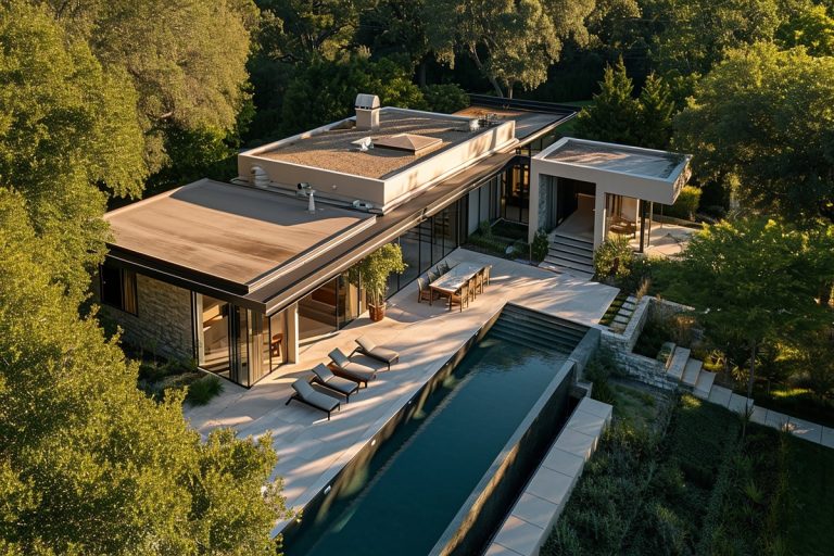 A multi-level luxury estate nestled in the Saratoga, CA foothills, designed by local estate architects to step down the hillside and fit within strict zoning, height, and FAR limits.