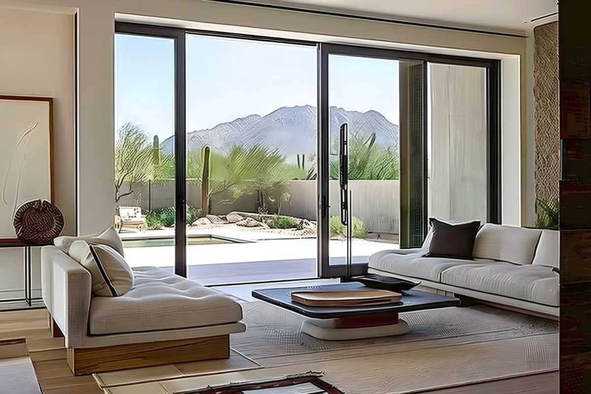 Modern living room featuring a zero-threshold sliding door design opening onto a flush exterior stone patio.