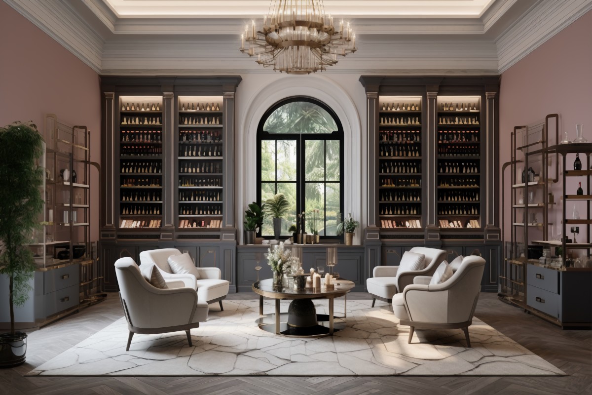 Modern residential wine cellar design featuring seamless floor-to-ceiling glass and horizontal metal bottle racking.